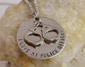 I love My Police Officer, Please Keep Safe with Handcuffs Handstamped Charm Necklace