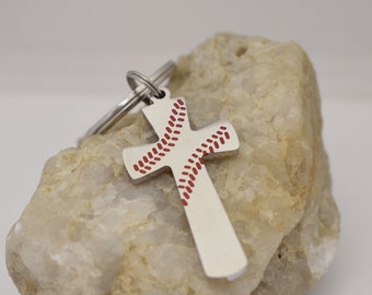 Baseball Cross with Red Enamel Stitches Stainless Steel Keychain