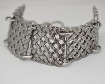 Wide Basket Weave Link Stainless Steel Bracelet