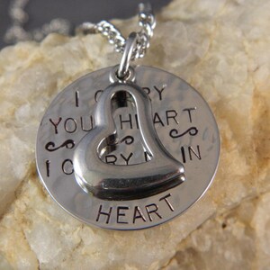 I Carry Your Heart. I Carry it in My Heart Handstamped Heart Charm Necklace