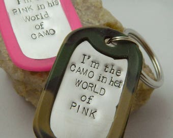 His Hers Couples I'm the Pink in His World of Camo I'm the Camo in her World of Pink Dog Tag Keychain or Necklaces