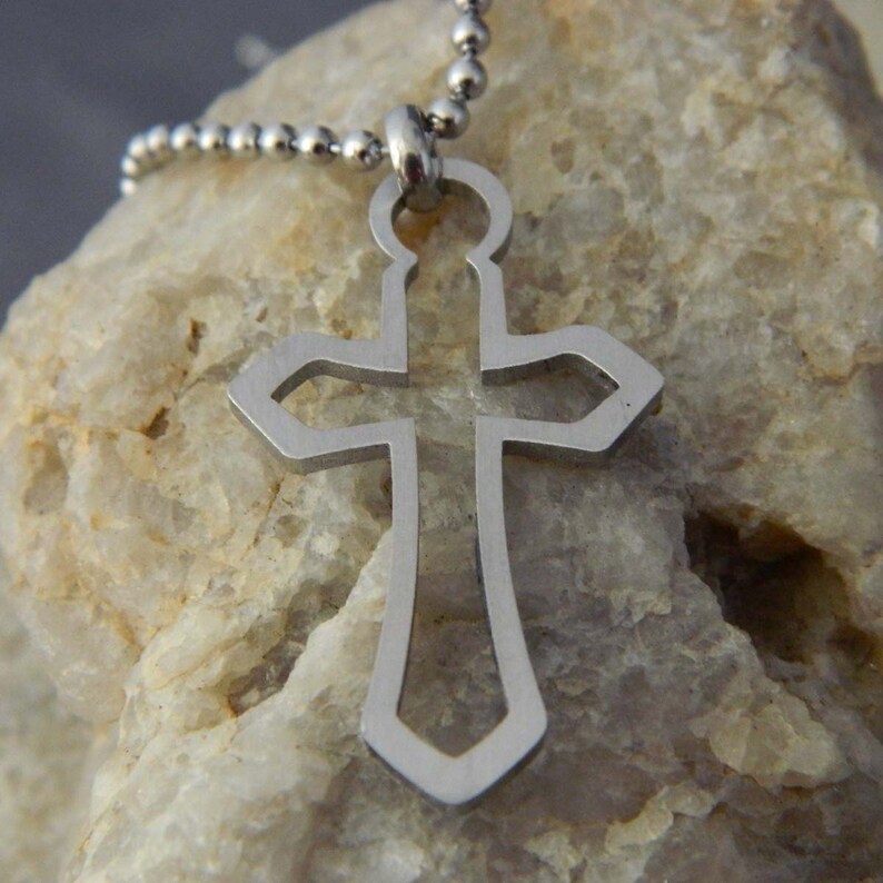 Stainless Steel Outline Cross Necklace with Ball Chain image 3