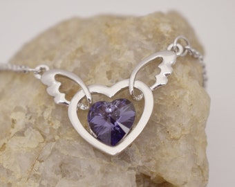 Purple Austrian Faceted Crystal Double Heart Angel Wing Silver Tone Remembrance In Memory Necklace