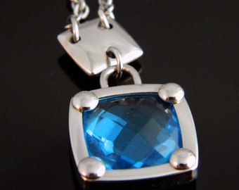 Modern Stainless Steel Blue Square Faceted Glass Necklace