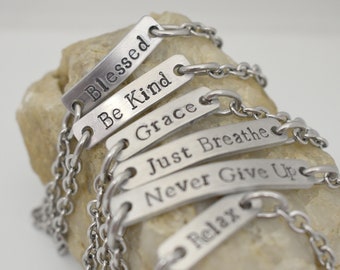 Positive Inspirational Thoughts Words Handstamped Aluminum Bracelet