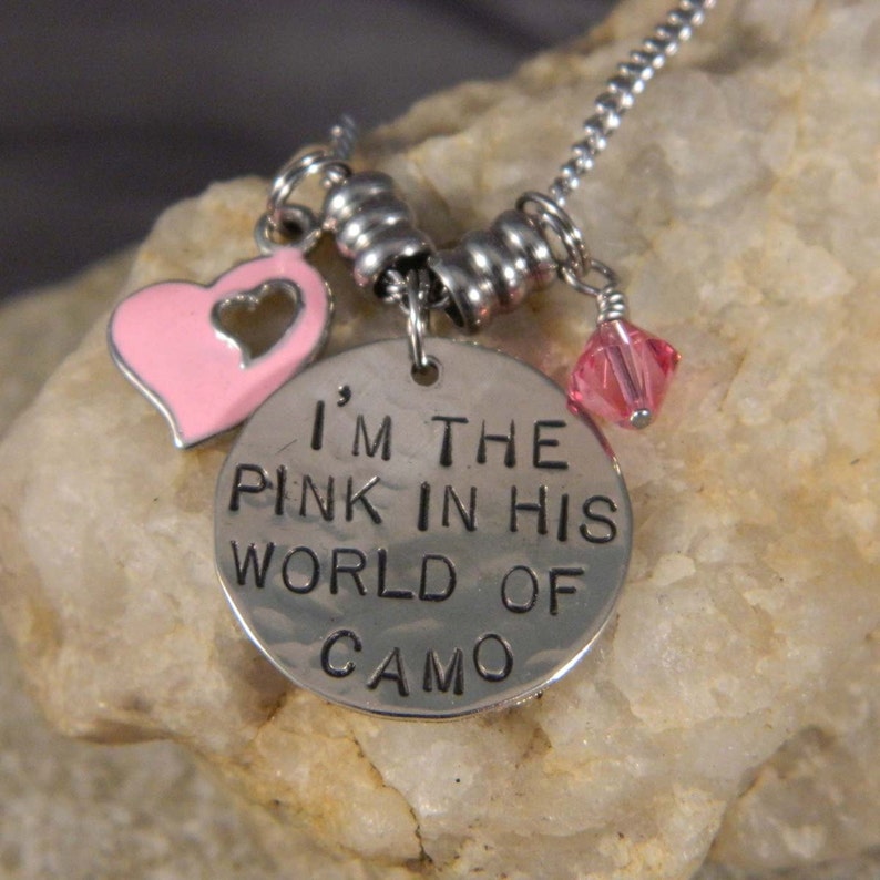 I'm The Pink in HIs World of Camo Handstamped Charm Necklace image 1