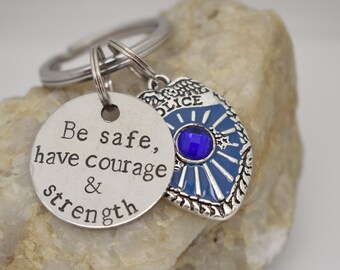 Blue Police Badge Rhinestone Enameled Be Safe Have Courage and Strength Charm Keychain