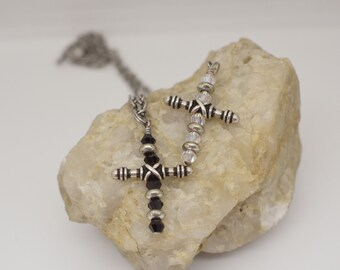 Black or Clear Crystal Silver Tone Beaded Cross Necklace