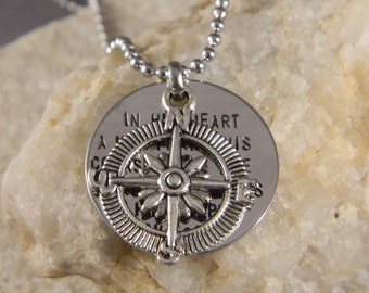 Proverbs 16 9 Inspirational Compass Handstamped Charm Necklace