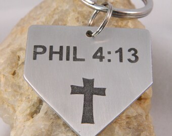 Baseball/Softball Home Plate Keychain with Cross PHIL 4:13 Bible Verse