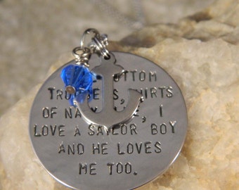 I Love a Sailor Boy and He Loves Me Too Necklace with small stainless anchor