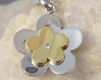 Flower Silver and Gold Tone Stainless Steel Necklace