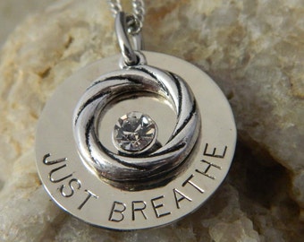 Just Breathe Inspirational Necklace with Spiral and Crystal