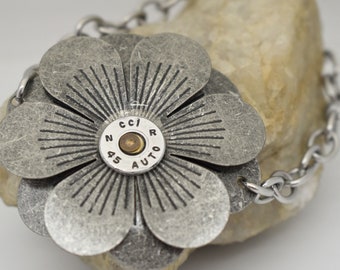Metal Flower with Riveted Bullet Shell Link Bracelet