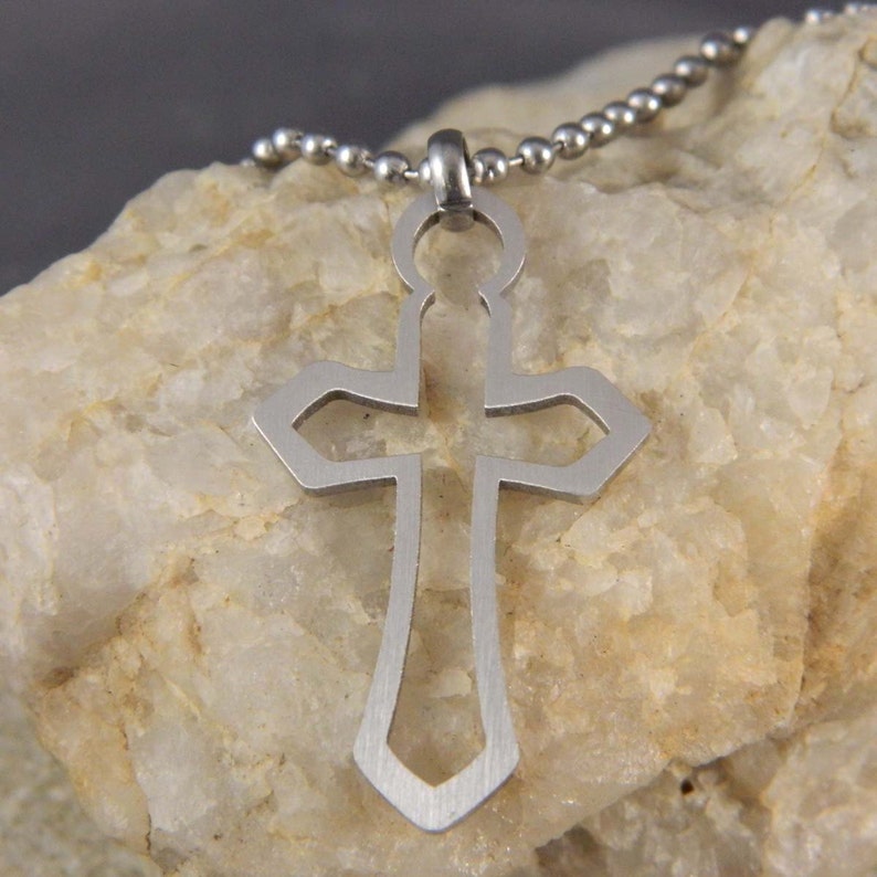 Stainless Steel Outline Cross Necklace with Ball Chain image 2