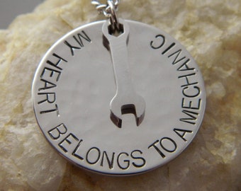 My Heart Belongs to a  Mechanic Handstamped Necklace w/Small Stainless Steel Wrench
