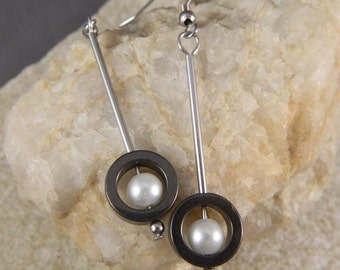 Hematite and Pearl Swinging Contemporary Earrings