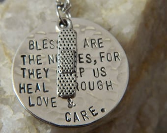 Blessed Are the Nurses, For they Help us Heal Through Love and Care Handstamped Bandage Charm Necklace