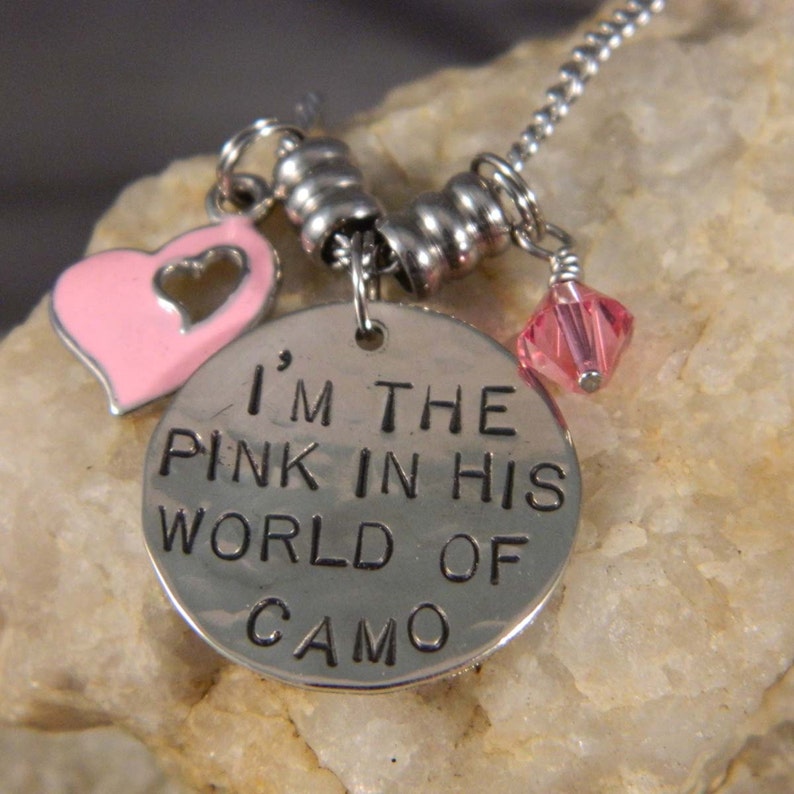 I'm The Pink in HIs World of Camo Handstamped Charm Necklace image 2
