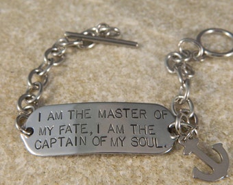 I Am The Master Of My Fate. I am the Captain of my Soul Stainless Steel Bracelet with Anchor