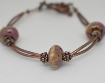 Pink & Brown Ceramic Lentil Bead and Copper Tube Bracelet