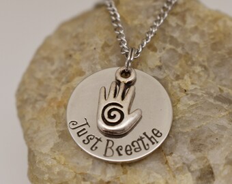Just Breathe Inspirational Necklace with Hand Spiral