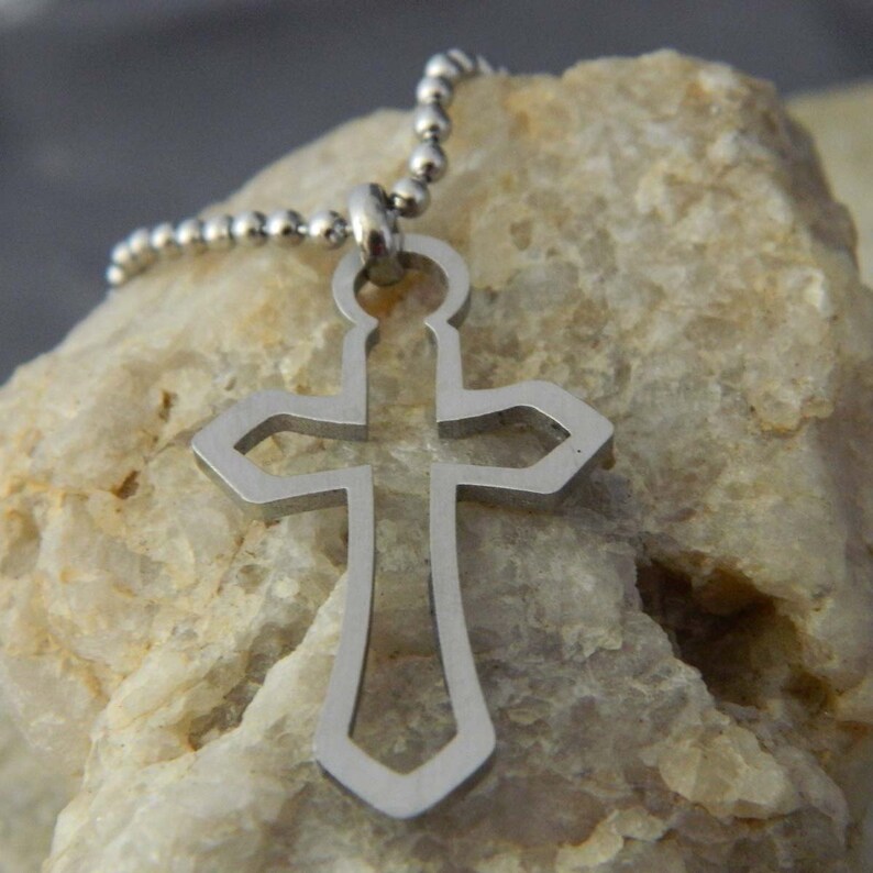 Stainless Steel Outline Cross Necklace with Ball Chain image 4