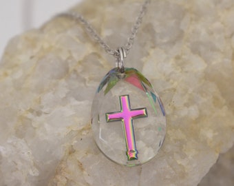 German Crystal Cross Aurora Borealis Necklace