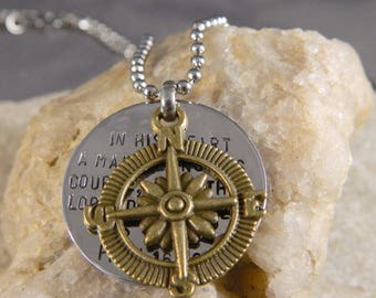 Proverbs 16 9 Inspirational Bronze Compass Handstamped Charm Necklace
