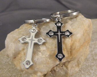 Black or White Enameled Cross Keychain