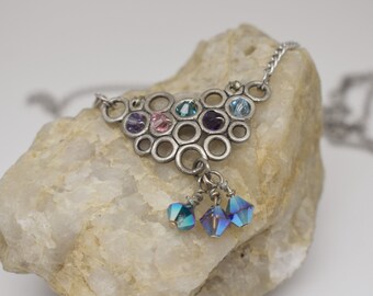 Circles Connector Wire Wrapped Crystal Beaded Charm Necklace