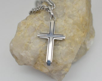 Men's Stainless Steel and Black Enamel Christian Cross Necklace