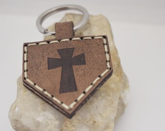 Leather Homeplate Keychain Let the field be Joyful... Cross and Bible Verse
