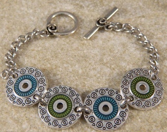 Green and Blue Silver Tone and Enamel Link Disc Bracelet