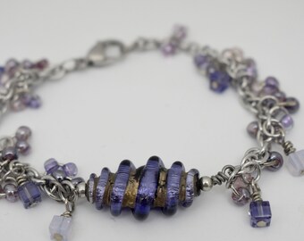Purple Lilac Lavender Luster Artisan Lampwork Silver Lines Link Charm Bracelet