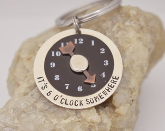 It's 5 O'clock Somewhere Mixed Media Riveted Clock With Hands Pointing to 5pm Keychain