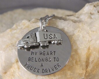My Heart Belongs to a Truck Driver Handstamped Necklace with Semi Truck