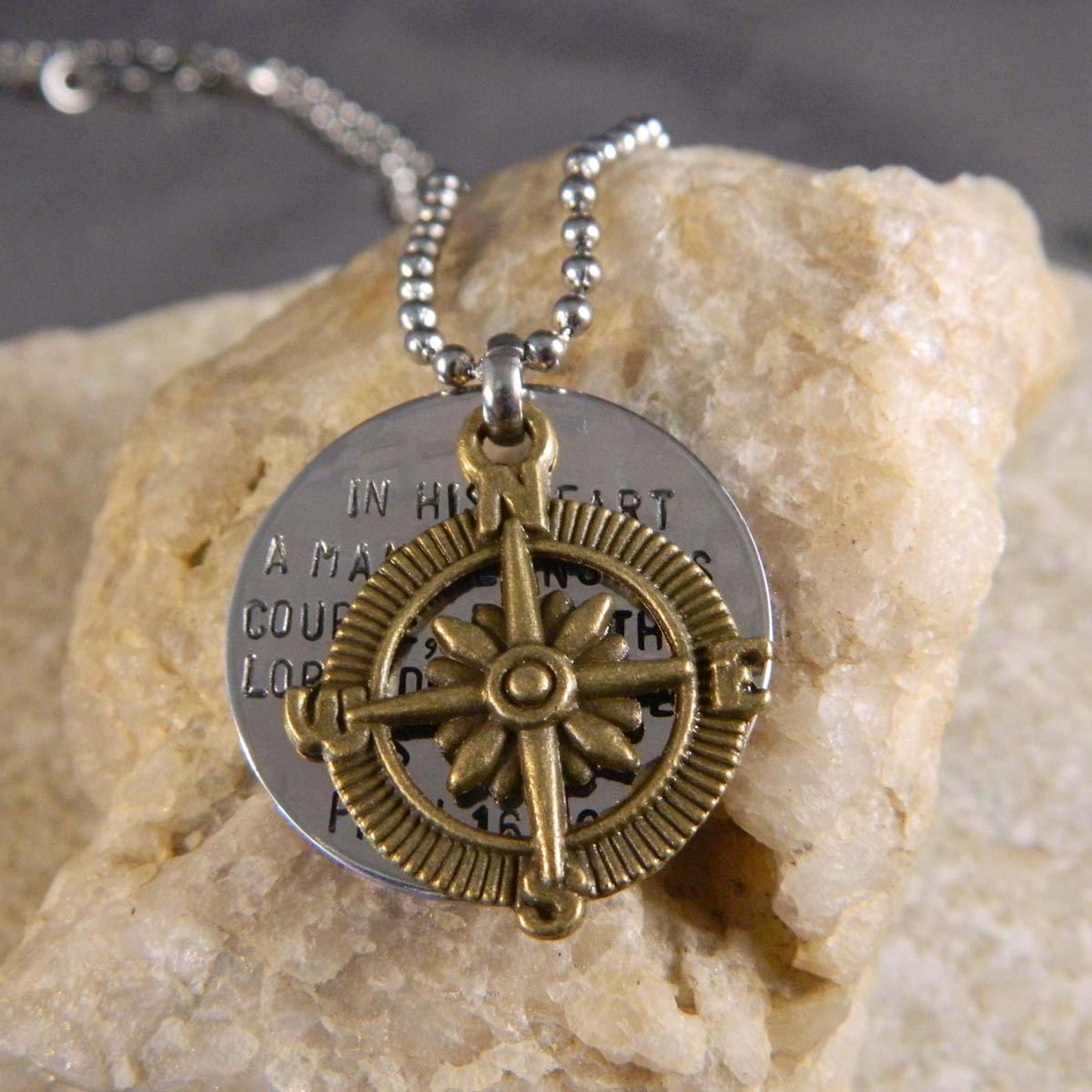 Proverbs 16 9 Inspirational Compass Handstamped Necklace Etsy