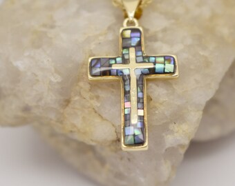 Gold Tone Brass Mosaic Paua Shell Cross Necklace