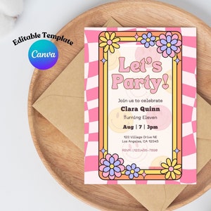 May include: A pink and white checkered background with a colorful retro-style frame. The frame has a yellow border and features flowers and smiley faces. The text "Let's Party!" is in a large, bold font. The text "Join us to celebrate Clara Quinn Turning Eleven Aug | 7 | 3pm 123 Village Drive NE Los Angeles, CA 12345 RSVP: (123)456-7890" is in a smaller font.