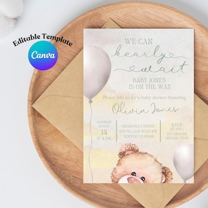 May include: A baby shower invitation with a watercolor illustration of a teddy bear and balloons. The text reads "We can barely wait Baby Jones is on the way". The invitation includes the date, time, location, and RSVP information.