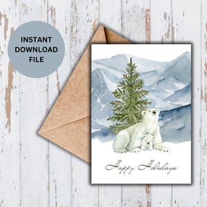 Kerstkaart ijsbeer, pooldier, winterkerstwensen, instant digitale download, pdf afdrukbare wenskaart, Canadese bergen