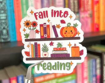 Fall Into Reading Sticker | Autumn Bookshelf with Cozy Decor | Bookish Fall Aesthetic | Book Lover Fall Vibes | Clear or Holographic
