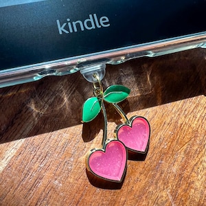 Cherry Hearts Kindle Charm Dust Plug | USB-C or Micro USB Dust Plug | Kindle Accessory | Bookish Gift for Book Lovers | Cute Kindle Charm