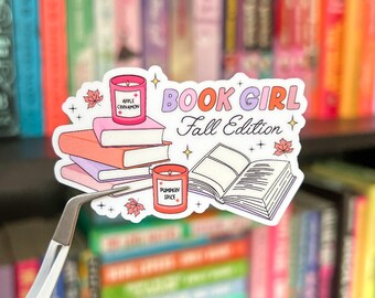 Book Girl Fall Edition Sticker | Cozy Autumn Books, Candles & Leaves | Bookish Fall Vibes | Clear or Holographic Vinyl Sticker | Book Lover