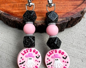 Let’s Go Ghouls Silicone Beaded Keychain Charm | Ghost with Pink Cowboy Hat | Cute Halloween Accessory | Spooky Halloween Gift for Her