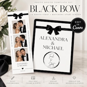 Può includere: Un set di modelli per cabina fotografica con un design a fiocco nero su sfondo bianco. Il set include una striscia fotografica 2x6 con tre foto di una coppia e una schermata iniziale abbinata per tablet con i nomi Alexandra & Michael.