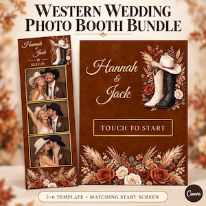 Può includere: Un pacchetto per cabina fotografica per matrimoni in stile western con un modello 2x6 e una schermata iniziale abbinata. Il design presenta texture in pelle marrone, composizioni floreali con rose ed erba della pampa, cappelli e stivali.