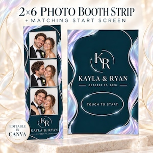 May include: A 2x6 photo booth strip and matching start screen template featuring a dark teal background with iridescent, flowing abstract ribbons. The design includes the text "KAYLA & RYAN", "OCTOBER 17, 2026", and "TOUCH TO START".