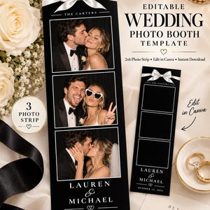 May include: An editable wedding photo booth template featuring a black 2x6 photo strip design with a white bow graphic at the top. The template includes three photo frames, the text THE CARTERS, LAUREN & MICHAEL, and OCTOBER 17, 2026.